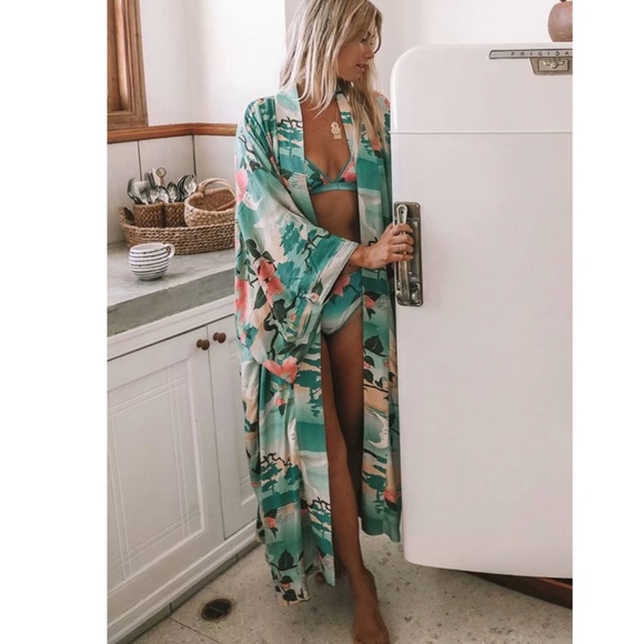 Boho green birds Floral print Kimono cover up - Picture 1 of 10